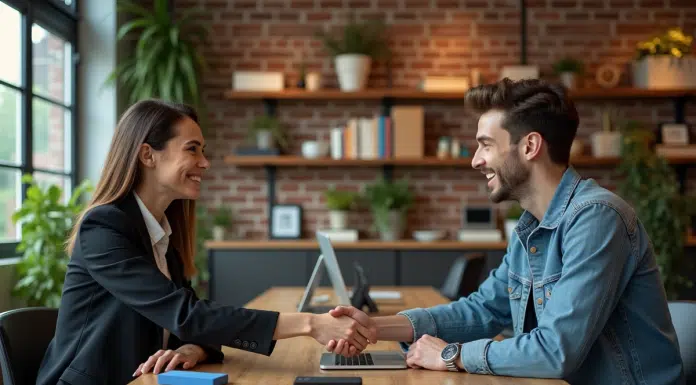 Deux professionnels se serrent la main dans un espace de coworking créatif