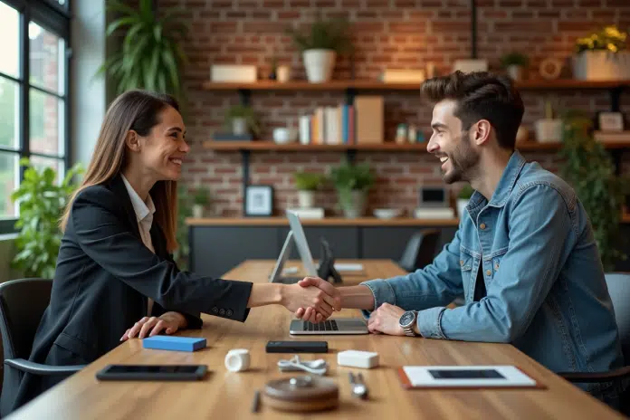 Deux professionnels se serrent la main dans un espace de coworking créatif