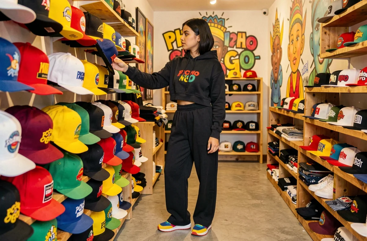 Jeune femme choisissant une casquette dans la boutique streetwear à influences afro-urbaines Pecho N'Go à Lyon