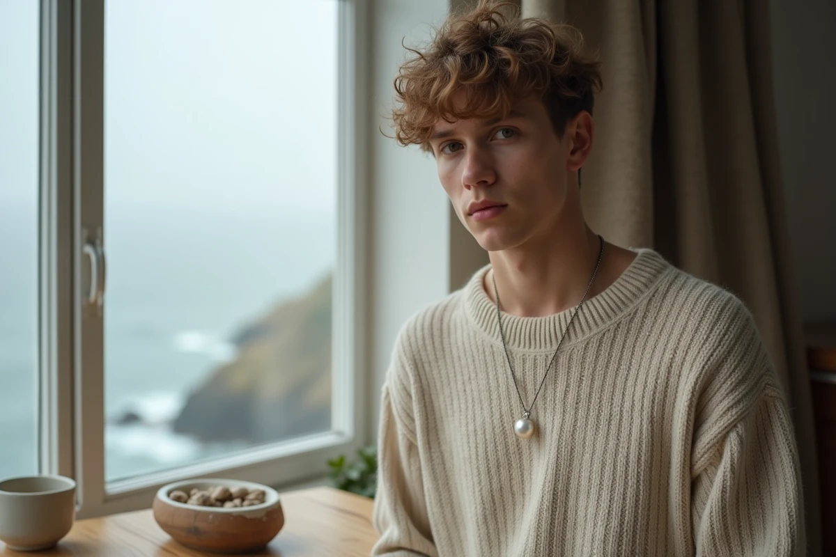 Jeune homme portant un pendentif perle Akoya sur pull en laine beige avec vue côtière brumeuse en arrière-plan
