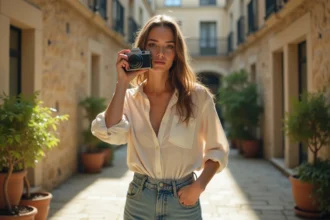 Jeune photographe tenant un appareil photo argentique dans une cour parisienne ensoleillée, style éditorial naturel