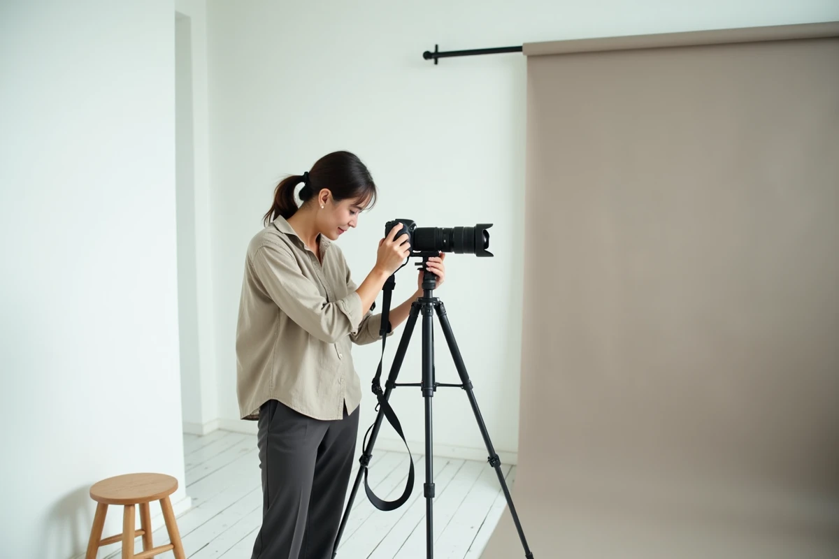Photographe professionnelle préparant un shooting en studio minimaliste, illustrant la différence entre les photos retouchées Instagram et la réalité