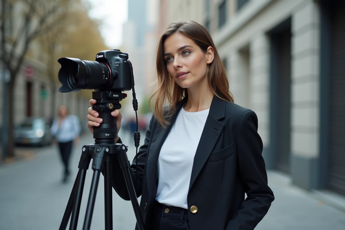 Photographe professionnelle réglant son appareil sur trépied en extérieur urbain, style photojournalisme éditorial