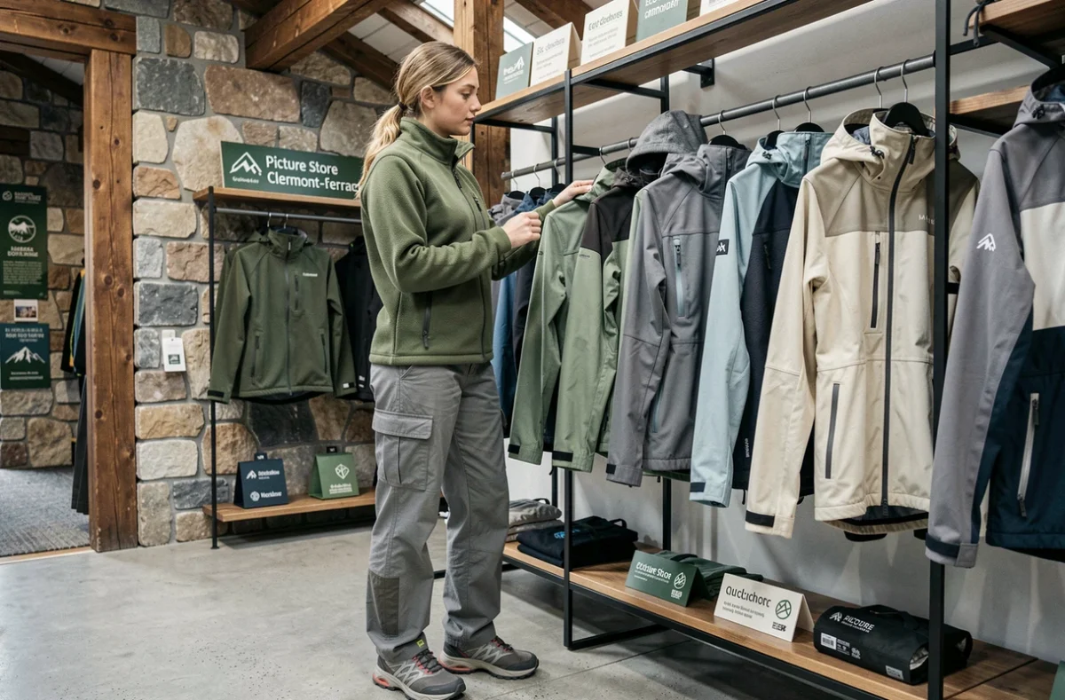 Jeune femme examinant une veste technique outdoor dans le magasin Picture Store à Clermont-Ferrand