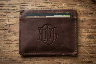 Portefeuille homme en cuir marron gravé au laser avec initiales personnalisées posé sur un bureau en bois