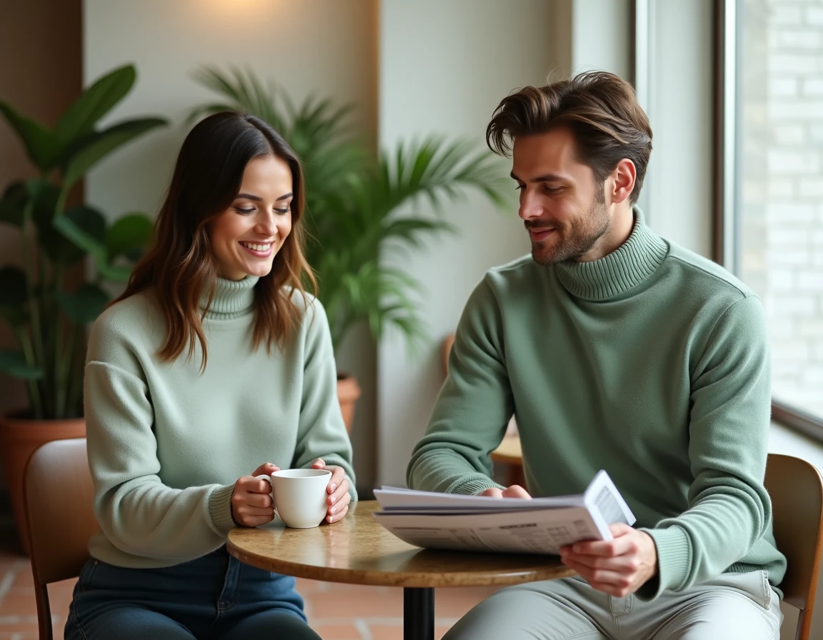 Couple en pulls col roulé en cachemire vert sauge assorti attablé dans un café minimaliste