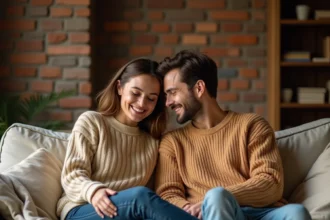 Couple portant des pulls en laine à grosses mailles assorti dans un salon chaleureux avec murs en briques apparentes