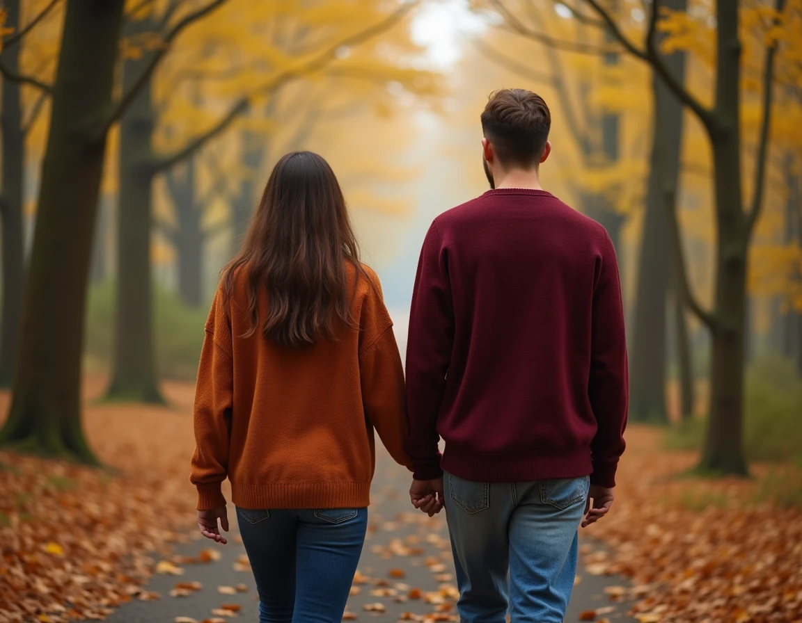 Couple en pulls en laine mérinos bordeaux et terracotta se promenant main dans la main sur un chemin forestier en automne
