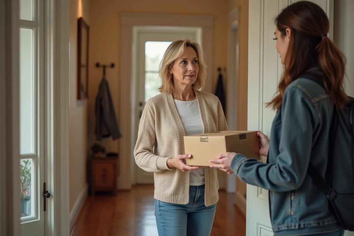 Femme recevant un colis livré à domicile et inspectant son état, illustrant les délais de livraison et la fiabilité du service d'une boutique en ligne comme Seelpy