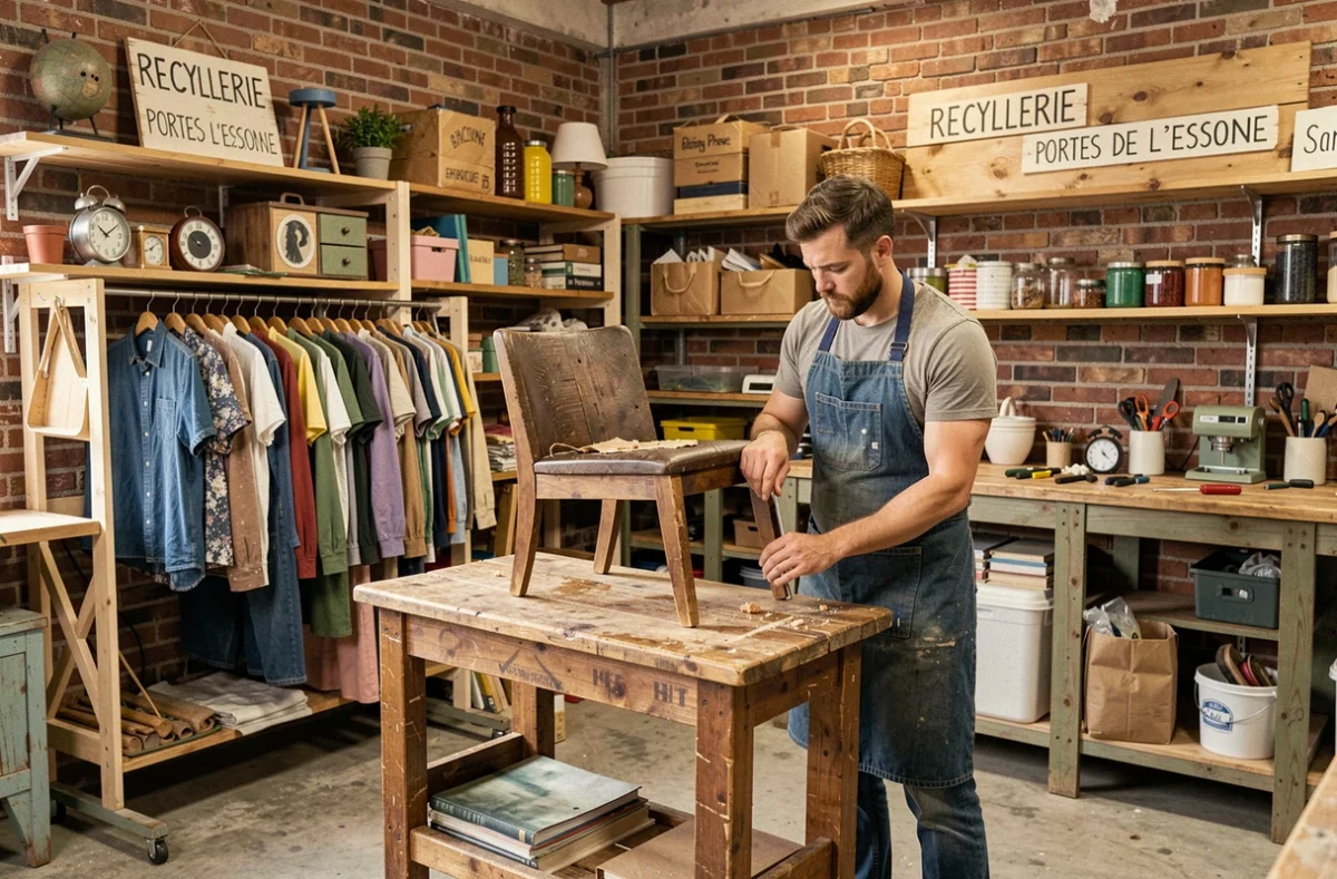 Recyclerie Portes de l'Essonne avec son atelier de réparation et ses rayons d'objets recyclés