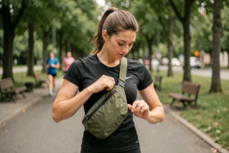 Femme qui règle la sangle de sa banane portée en bandoulière avant une séance de course à pied en ville