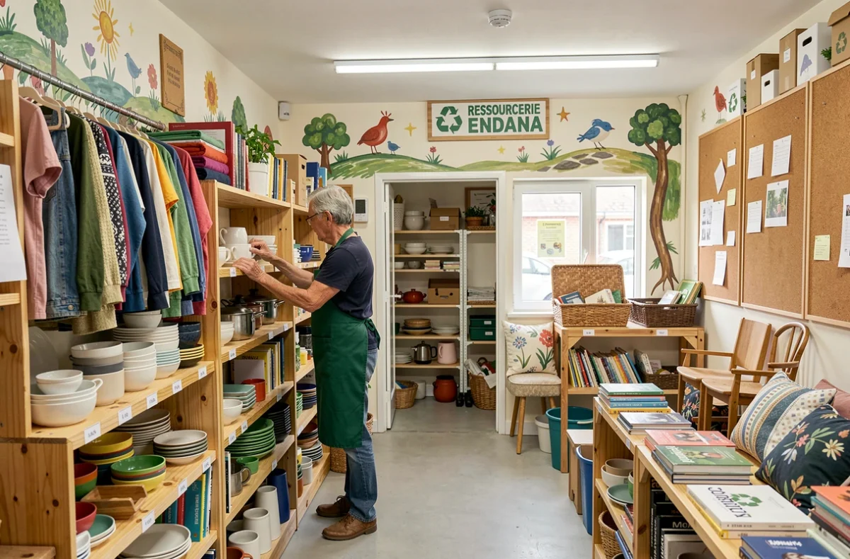 La Ressourcerie Endana en Essonne avec ses rayons de dons variés et un bénévole qui organise les articles