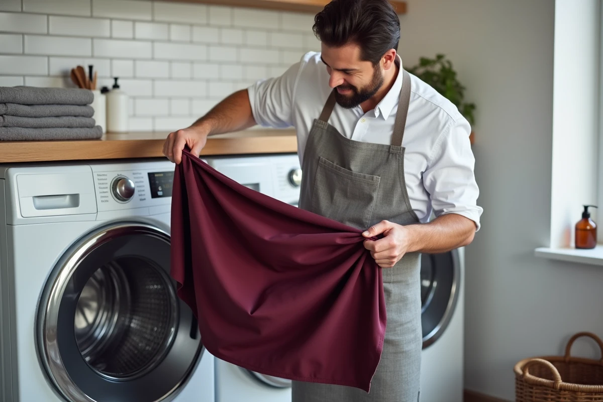 Homme retirant un vêtement polyester teint en bordeaux d'un lave-linge, examinant le résultat de la teinture dans une buanderie moderne