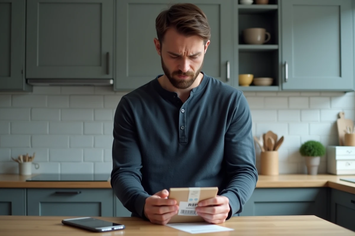 Homme examinant une étiquette de retour de colis dans sa cuisine avec un smartphone affichant un portail de remboursement, illustrant le processus de retour et remboursement d'une boutique en ligne