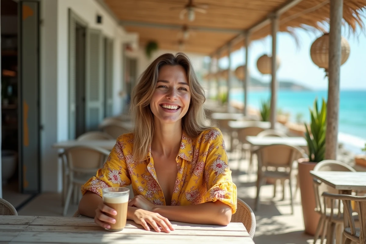 Femme en robe chemise colorée à motifs géométriques attablée dans un café de plage méditerranéen
