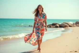 Femme portant une robe chemise plage à imprimé floral tropical sur une plage méditerranéenne ensoleillée