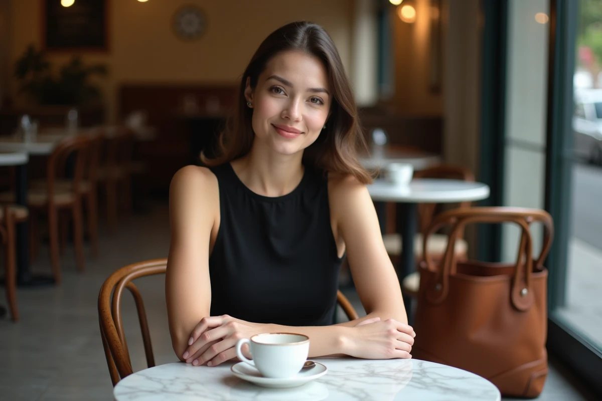Jeune femme en robe noire sans manches assise dans un café parisien au style vintage
