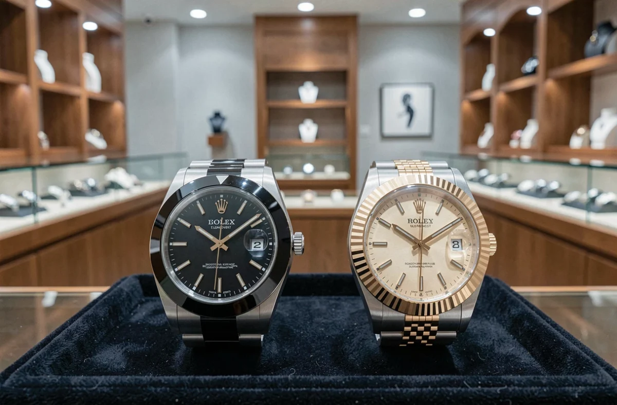 Deux montres Rolex Datejust 36 côte à côte sur plateau velours en boutique, cadran noir et champagne