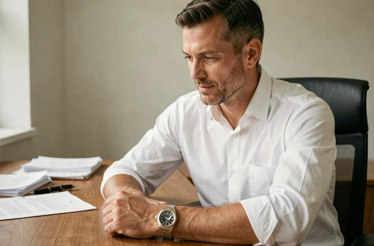 Homme d'affaires consultant sa Rolex Datejust 36 au poignet dans un bureau minimaliste en bois