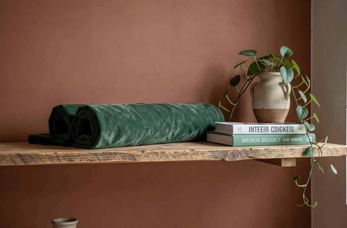 Rouleau de tissu daim vert forêt posé sur une étagère en bois brut avec vase céramique et livres de décoration intérieure
