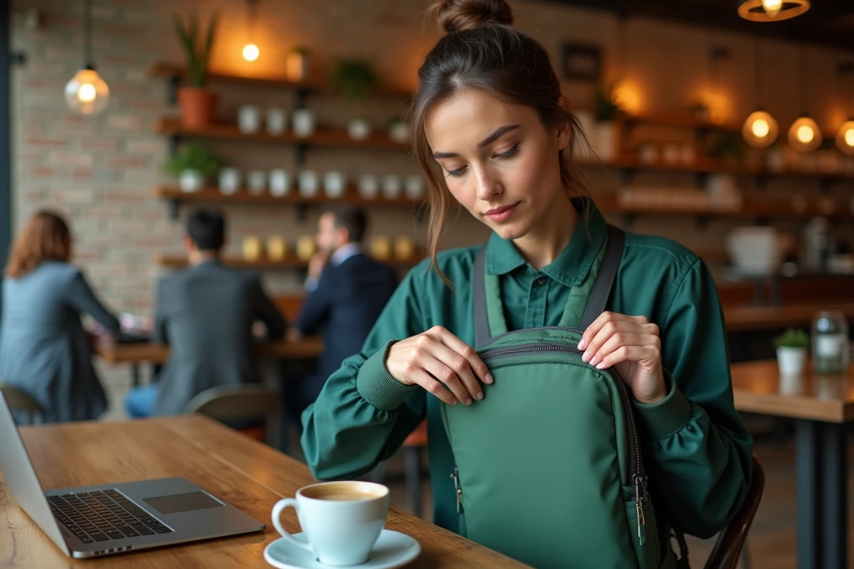 Femme ouvrant le compartiment ordinateur d'un sac à dos imperméable vert dans un café, détail fermeture éclair étanche YKK visible