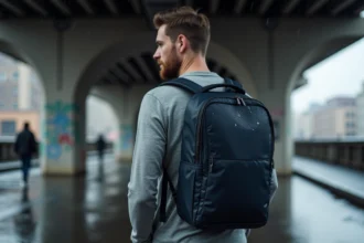 Homme portant un sac à dos imperméable pour ordinateur portable sous un pont urbain sous la pluie, surface nylon résistante à l'eau visible