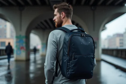 Homme portant un sac à dos imperméable pour ordinateur portable sous un pont urbain sous la pluie, surface nylon résistante à l'eau visible