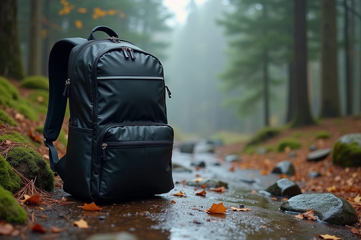 Sac à dos imperméable pour ordinateur portable posé sur un rocher mouillé en forêt, gouttelettes d'eau visibles sur le nylon technique