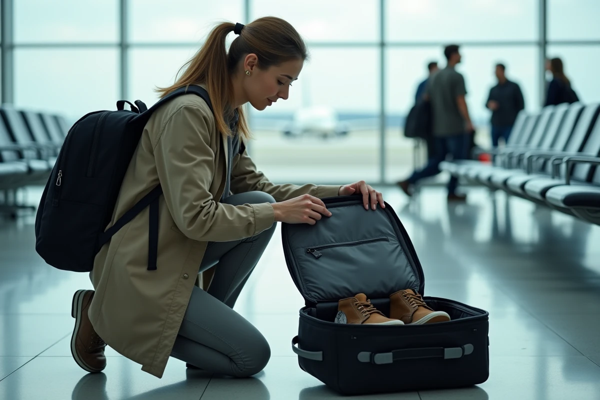 Femme rangeant un sac à chaussures de voyage dans son sac à dos dans un aéroport avant un départ en famille