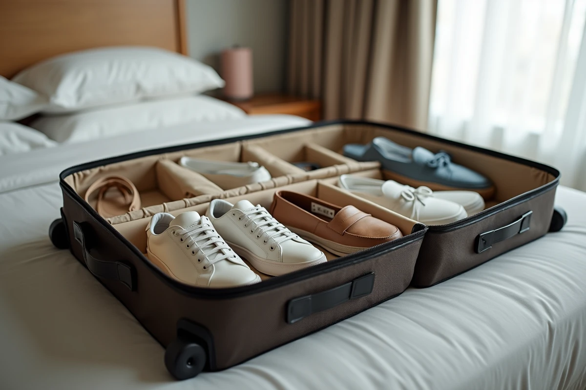 Sac rangement chaussures organisé dans une valise ouverte posée sur un lit d'hôtel en voyage de famille