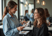 Femme souriante consultant un coiffeur dans un salon moderne