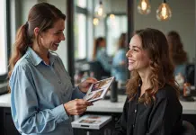 Femme souriante consultant un coiffeur dans un salon moderne