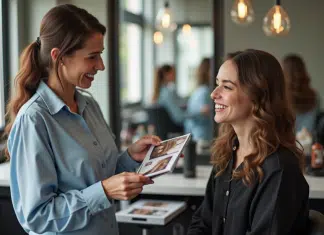 Femme souriante consultant un coiffeur dans un salon moderne