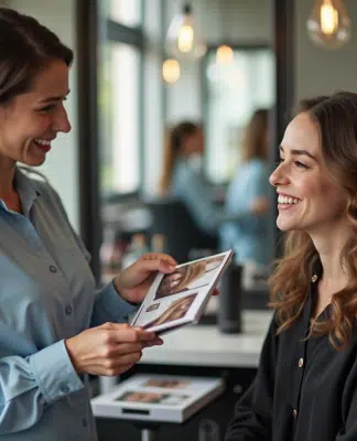 Femme souriante consultant un coiffeur dans un salon moderne
