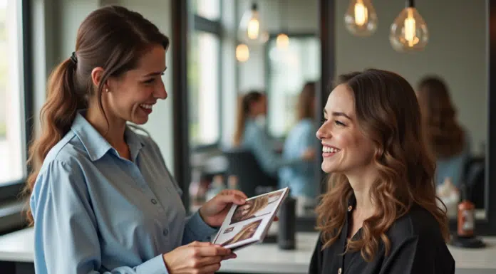 Femme souriante consultant un coiffeur dans un salon moderne