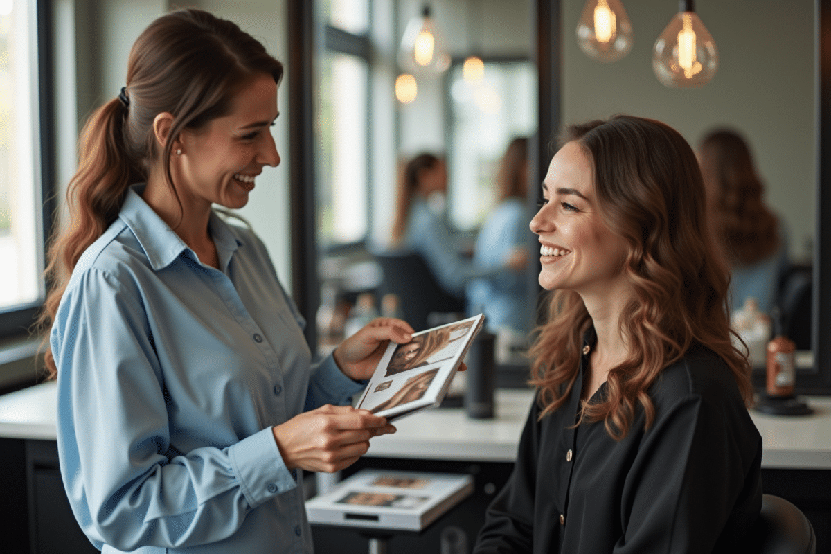 Femme souriante consultant un coiffeur dans un salon moderne