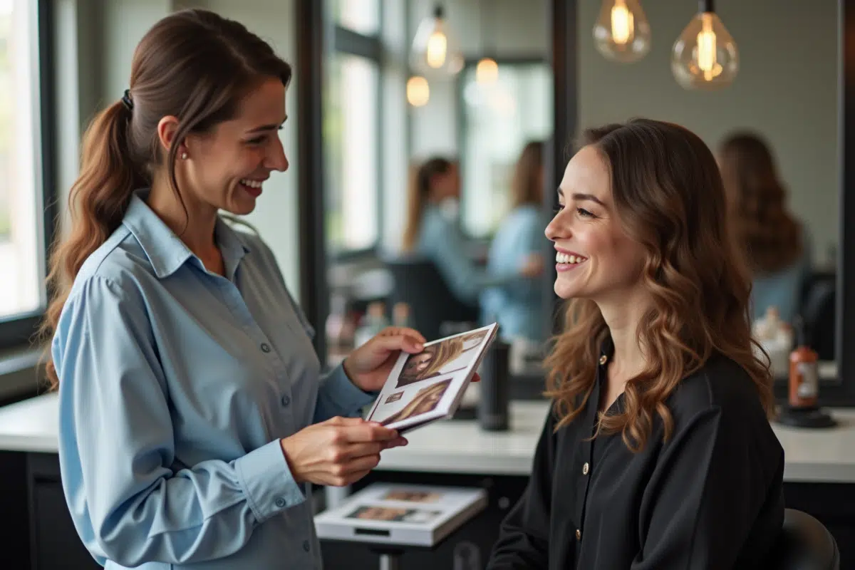Femme souriante consultant un coiffeur dans un salon moderne