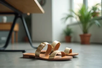 Sandales dorées à petit talon sur sol en béton poli dans un bureau moderne