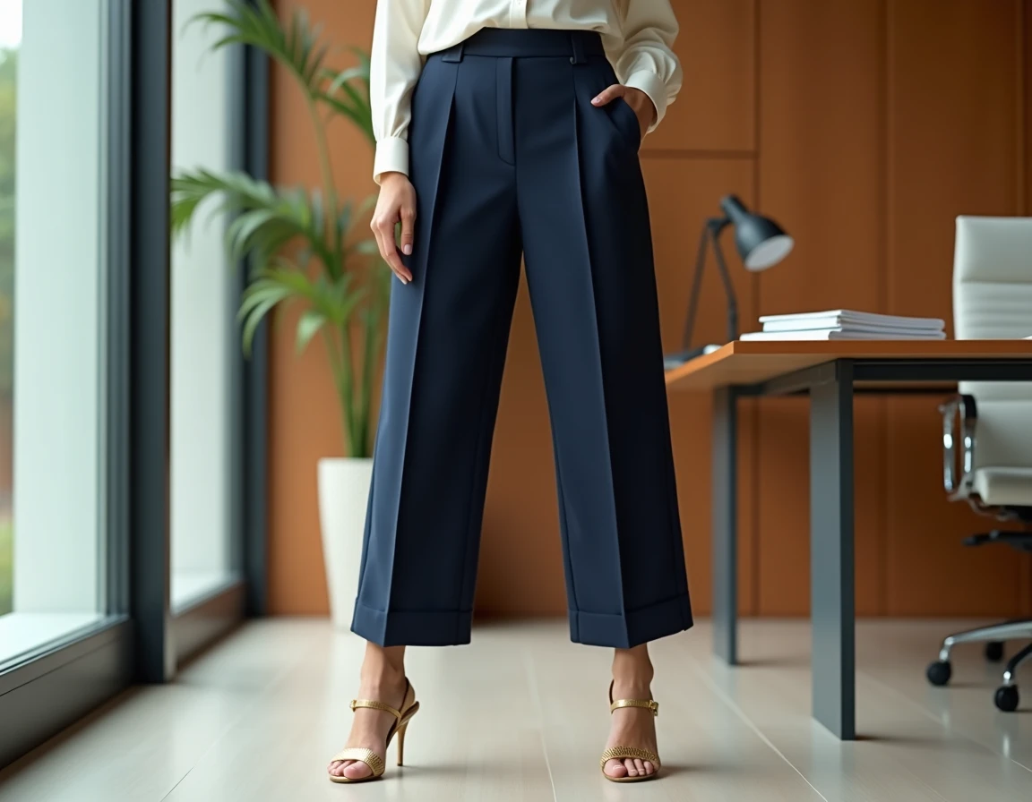 Femme professionnelle portant des sandales dorées à petit talon avec un pantalon large au bureau