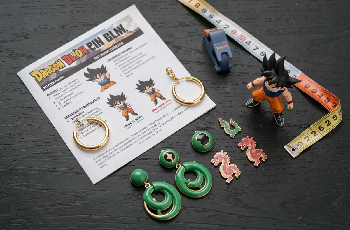 Sélection de boucles d'oreilles Dragon Ball pour cosplay disposées sur une surface en bois avec guide d'achat