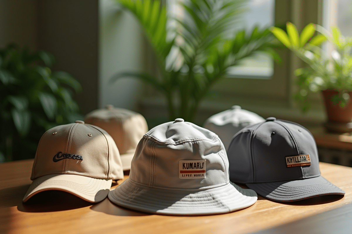 Sélection de chapeaux populaires sur une table en bois avec nature en arrière-plan