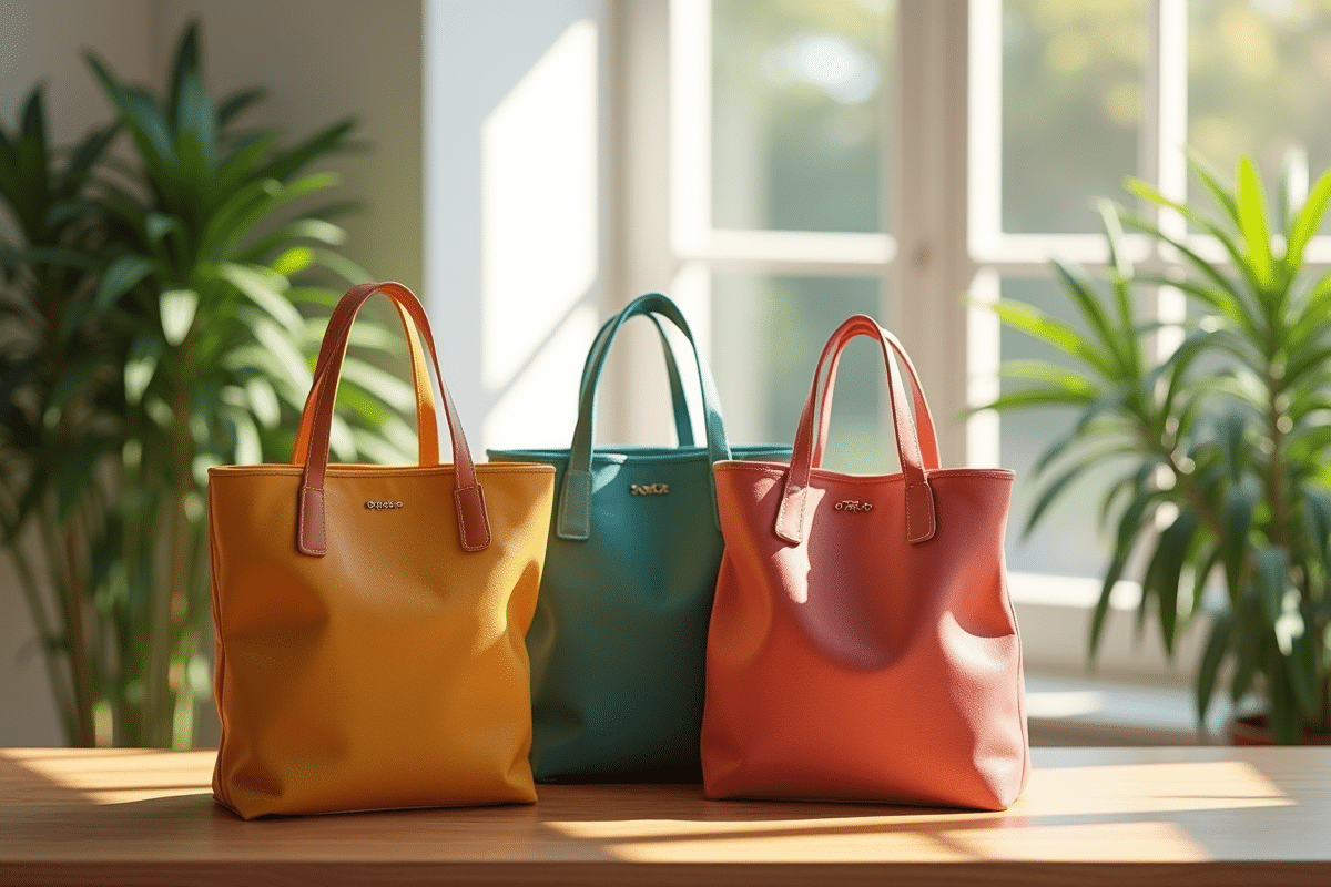 Sélection de sacs tote colorés sur table en intérieur