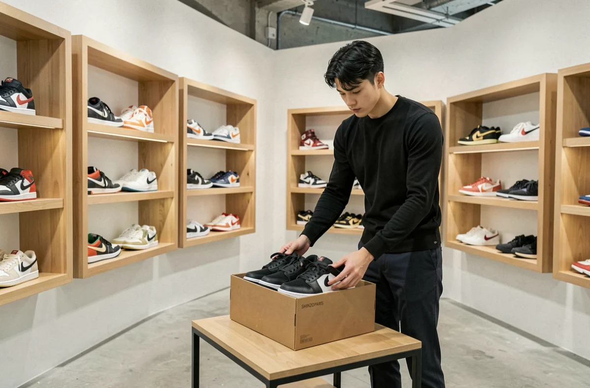 Intérieur épuré de la boutique Shinzo Paris avec des baskets rares exposées sur des étagères minimalistes