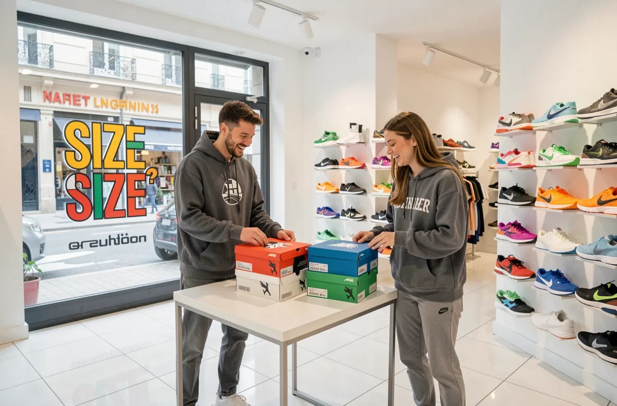 Magasin Size? à Paris avec des murs d'exposition de sneakers sport et lifestyle dans un cadre moderne