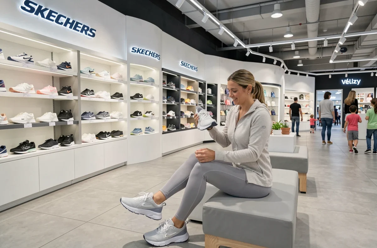 Intérieur du magasin Skechers au centre commercial Vélizy 2 avec ses rayons de sneakers confort