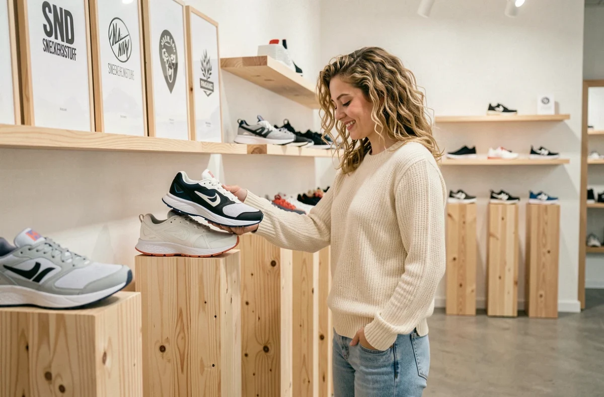 Boutique SNS Sneakersnstuff Paris avec ses étagères en bois clair et sa sélection de sneakers premium