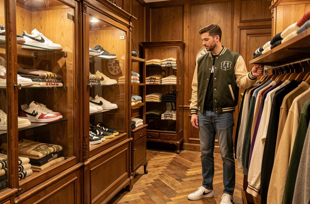 Intérieur chaleureux de Starcow Paris alliant sneakers rares et vêtements vintage Americana