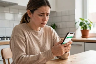 Jeune femme inquiète vérifiant le suivi de sa commande Shein bloquée sur son smartphone