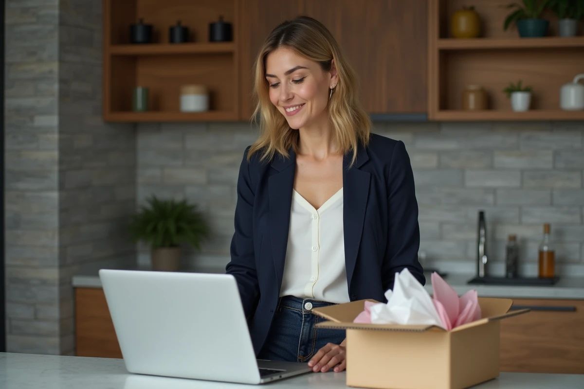 Femme vérifiant le suivi de commande SHEIN sur ordinateur portable avec un colis ouvert sur le comptoir de cuisine