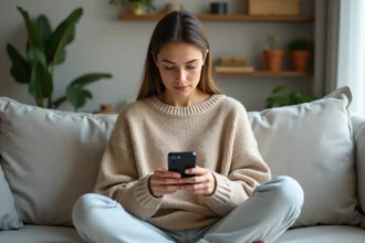 Jeune femme consultant le suivi de livraison SHEIN sur smartphone depuis son canapé à domicile